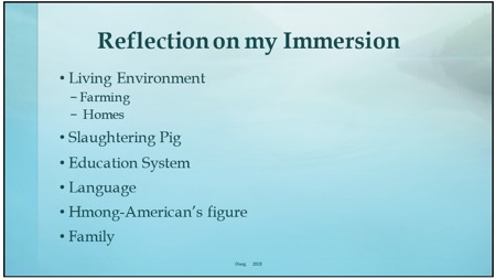 Reflection on my immersion. Living environment: Farming, Homes. Slaughtering pig. Education system. Language. Hmong-American's future. Family. 