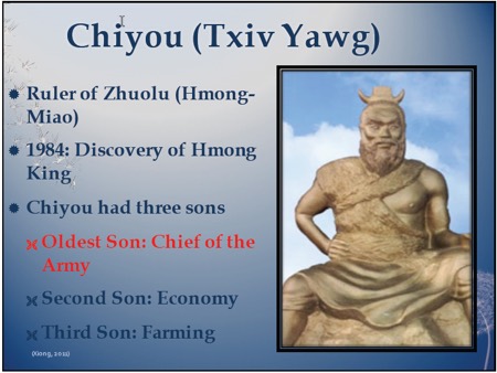 chiyou (Txiv Yawg) Ruler of Zhuoly Hmong-Miao, 1984 discovery of Hmong king, Chiyou had 3 sons, Oldest was chief of the army, second son economy, third son farming