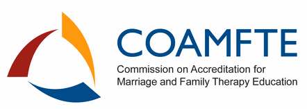 Image: COAMFTE swirly 3-line logo with words Commission on Accreditation for Marriage and Family Therapy Education