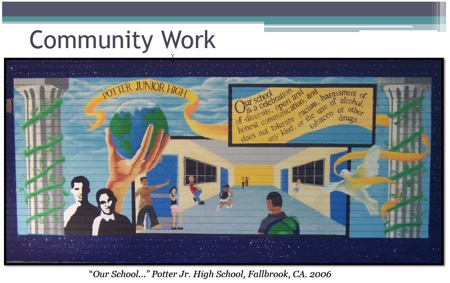 Image: drawing by Diego “Our School…” Potter Jr. High School, Fallbrook, CA. 2006 with words Community Work Our school is a celebration of diversity, open and honest communication, and does not tolerate racism harassment of any kind or the use of alcohol tobacco or other drugs