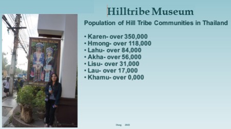 Hilltribe Museum: Population of Hill Tribe communities in Thailand.  Karen Over 350,000. Hmong over 118,000. Lahy over 84,000. Akha over 56,000. Lisu over 31,000. Lau over 17,000. Khamu over 0,000. 