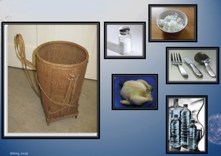 Photos of items including basket, salt, rice, chicken, silverware, water bottles