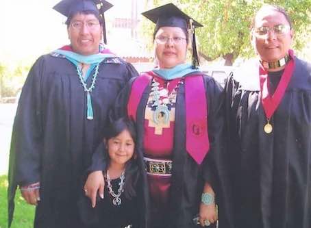 Photo: May 2008: Eugene Honanie, Elvina Charley and Brent Toadlena graduate to become school psychologists and school counselors on their home reservations.