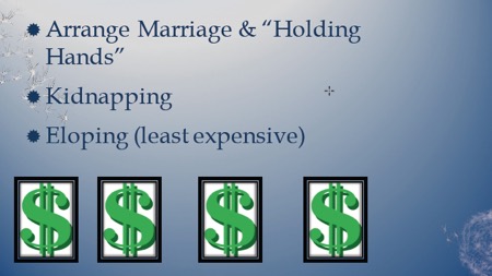 In order: Arranged Marriage and Holding Hands. Kidnapping. Eloping (least expensive)