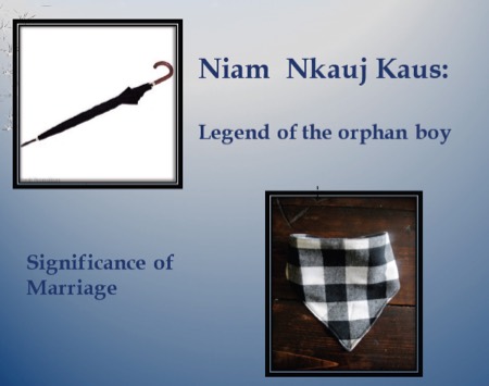 Image of umbrella with words Niam Nkauj Jaus: Legend of the orphan boy, Significance of marriage (image of folded cloth)