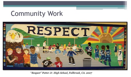 Image: Community work “Respect” Potter Jr. High School, Fallbrook, CA. 2007 Mural by Diego of students at school with sun and the word Respect