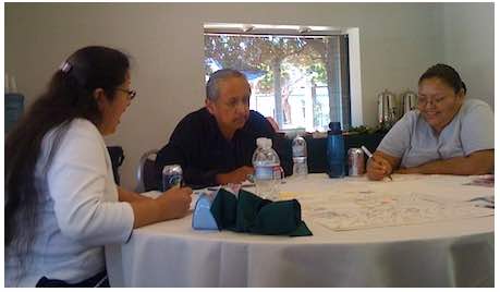 Photo: Students talking and drawing while seated at table with Larry Emerson