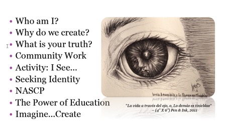 Drawing of eye with words who am i, why do we create, what is your truth, community work, activity, i see, seeking identity, nascp, the power of education, imagine create