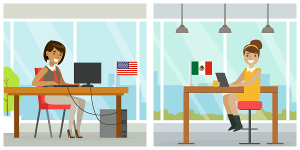 two women working at their desks, one in the U.S. and one in Mexico
