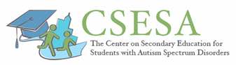 Image: CSESA logo - image of cityscape and graduatio cap with tassel, 2 figures running on a road with words CSESA The Center on Secondary Education for Students with Autism Spectrum Disorder